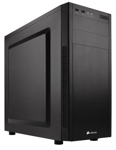 CORSAIR 100R Silent Mid-Tower Case in black with sound-damping panels and USB 3.0 ports, showcasing a sleek and professional design.