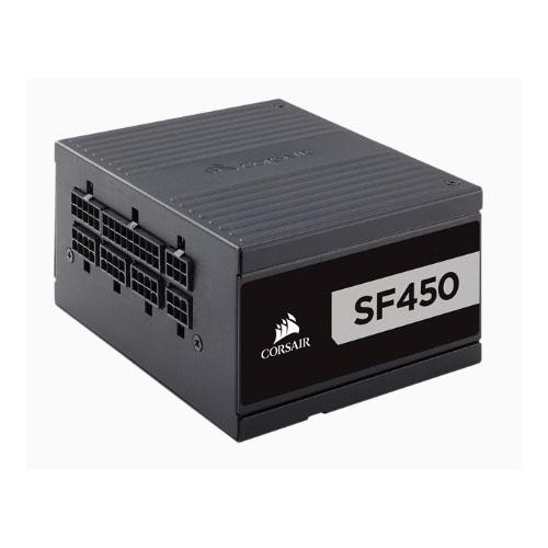 CORSAIR 450W SF 80+ Platinum Fully Modular SFX PSU with compact design and multiple connectors.