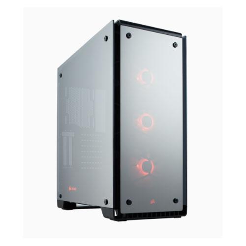 CORSAIR 570X RGB ATX Mirror Black case with tempered glass panels showcasing RGB lighting and internal components.