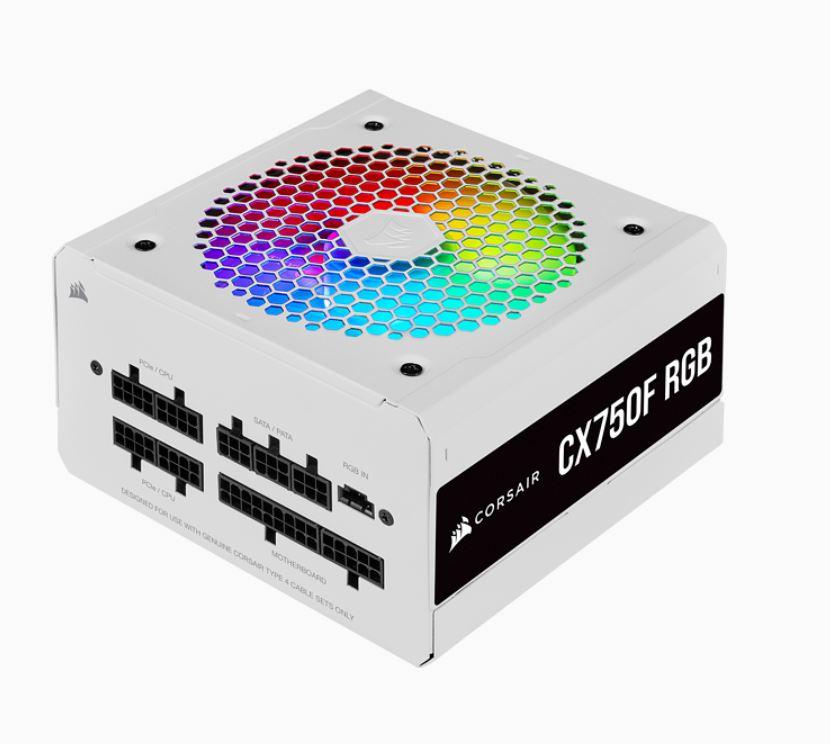 CORSAIR 750w CX550F RGB power supply with a 120mm fan and customizable RGB lighting, showcasing its modular design and connectors.