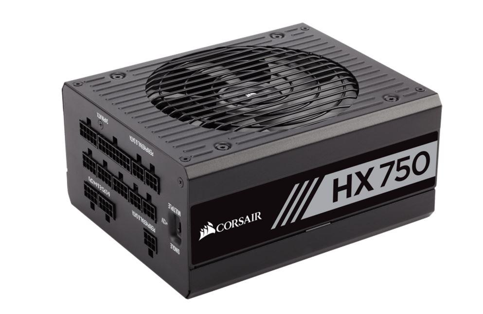 CORSAIR 750W HX 80+ Platinum Fully Modular ATX PSU with a 135mm fan, showcasing its sleek design and modular cables.