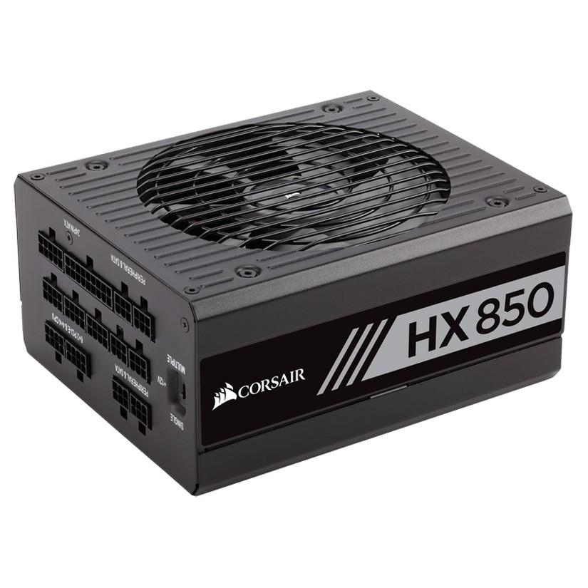 CORSAIR 850W HX 80+ Platinum Fully Modular ATX PSU with a 135mm fan, showcasing its sleek design and fully sleeved cables.