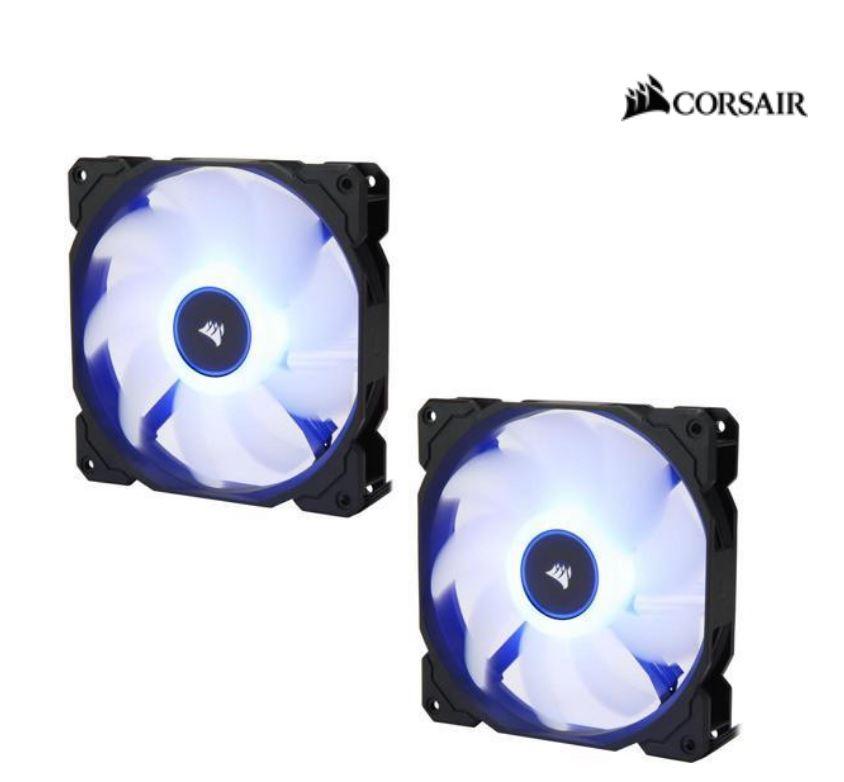 CORSAIR Air Flow 140mm Fan Low Noise Edition with blue LED lighting, showcasing its custom fan blade design and hydraulic bearing.