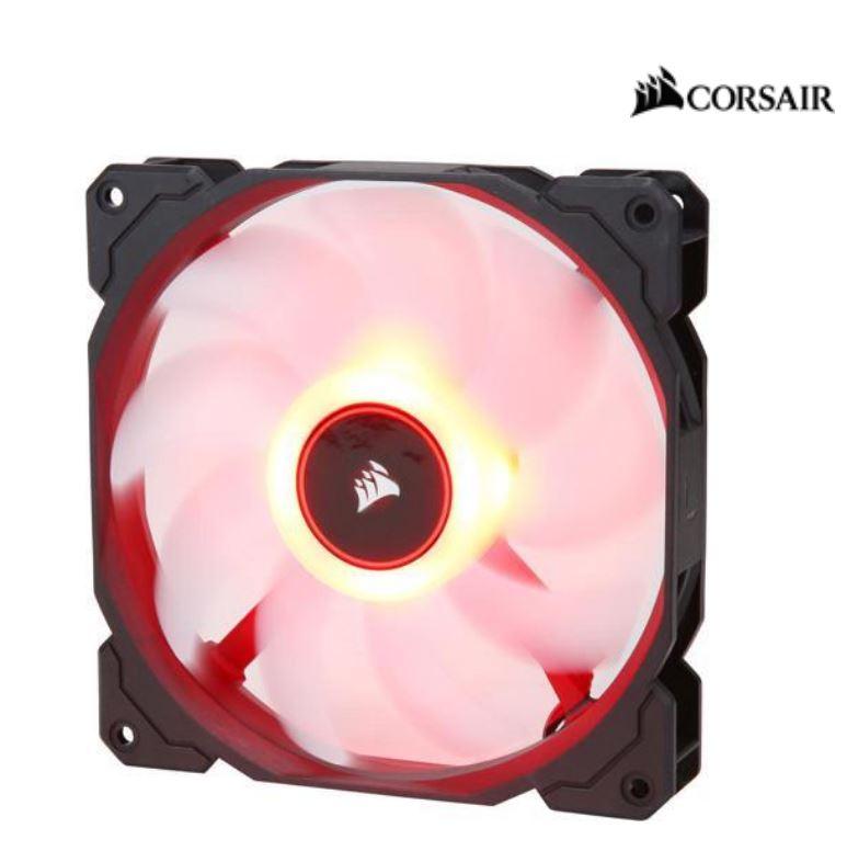 CORSAIR Air Flow 140mm Fan Low Noise Edition with red LED lighting, showcasing its sleek design and efficient cooling capabilities.