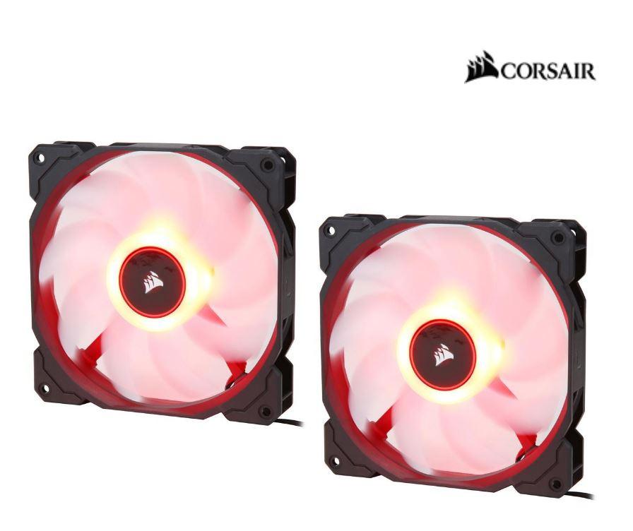 CORSAIR Air Flow 140mm Fan Low Noise Edition with red LED lighting, showcasing its sleek design and efficient cooling capabilities.