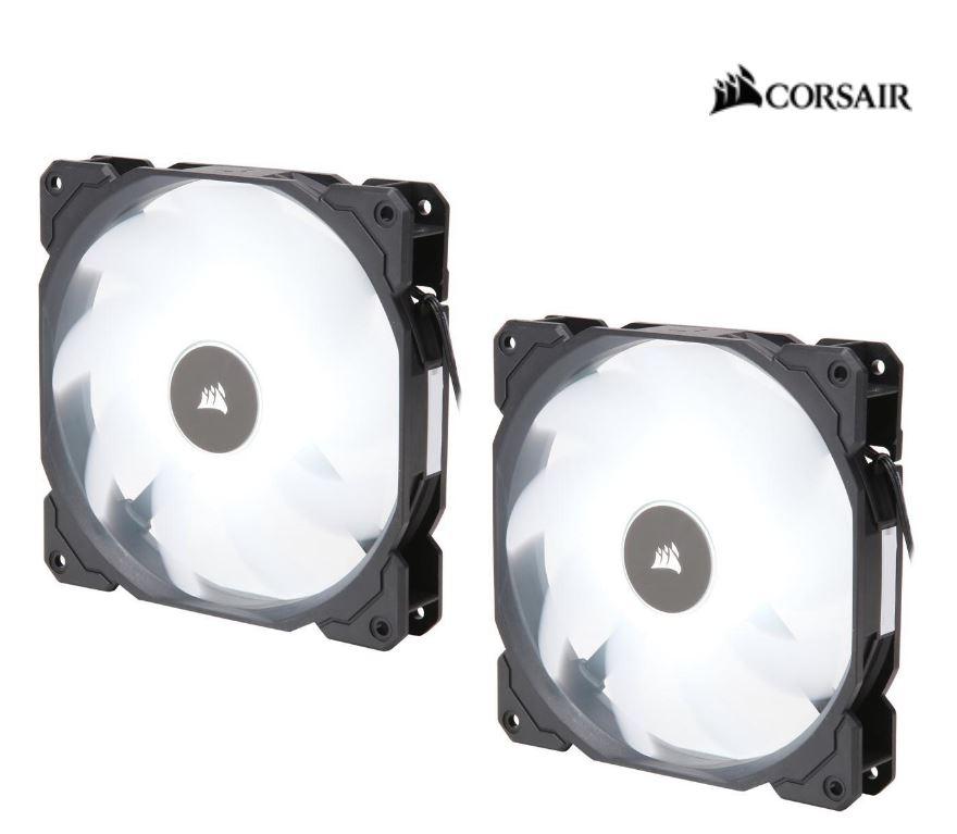 CORSAIR Air Flow 140mm Fan with white LED lighting, showcasing its sleek design and efficient cooling capabilities.