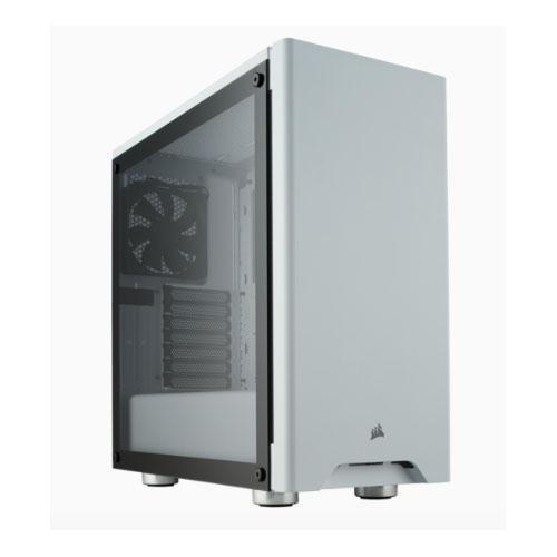 CORSAIR Carbide 275R White ATX Mid-Tower Case with tempered glass side panel showcasing internal components.