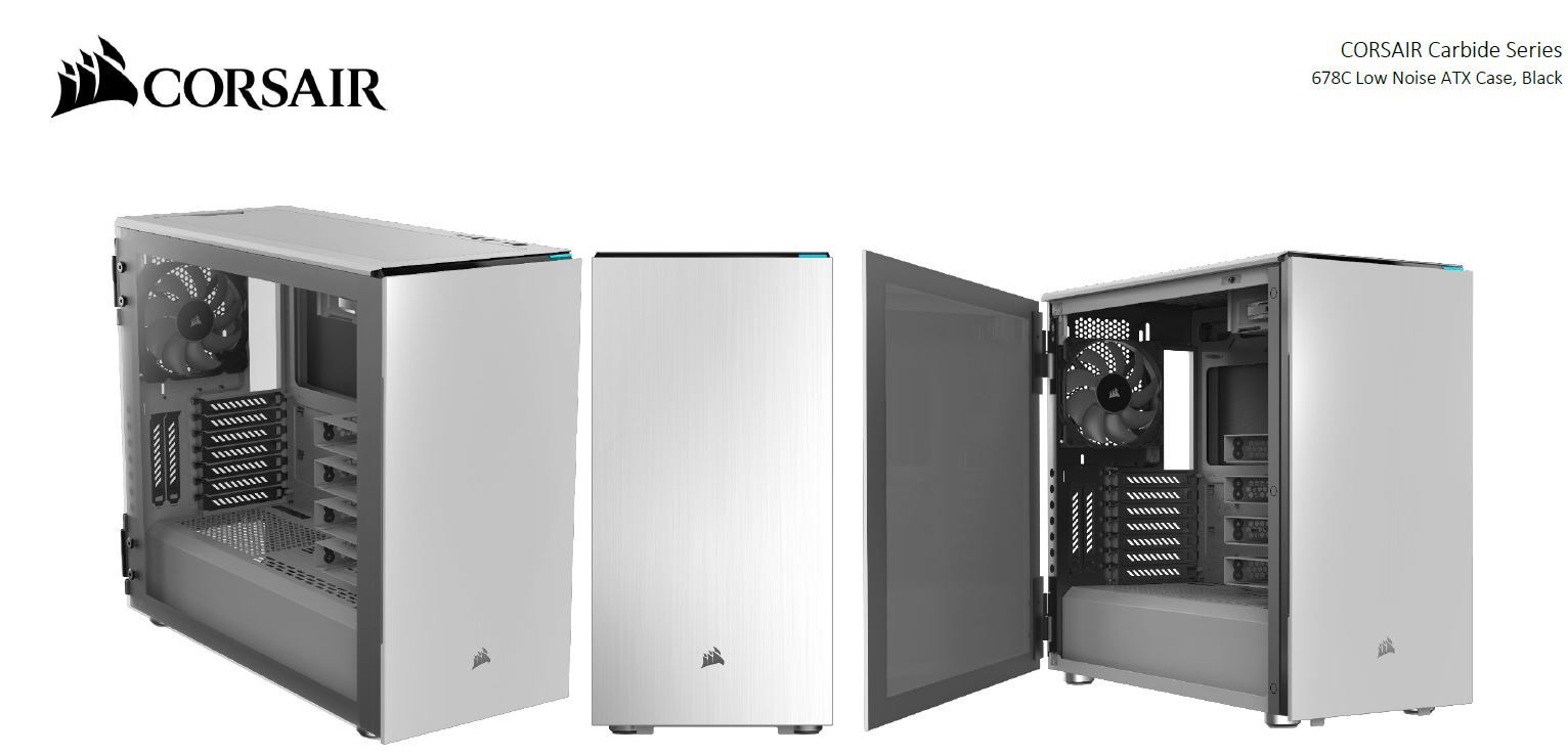 CORSAIR Carbide Series 678C E-ATX case with tempered glass side panel and sound-damping features, showcasing a sleek design.