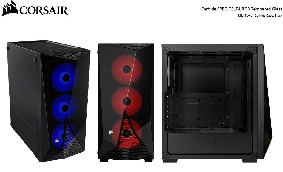 CORSAIR Carbide Series SPEC-DELTA RGB mid-tower ATX case showcasing RGB fans and tempered glass panels.