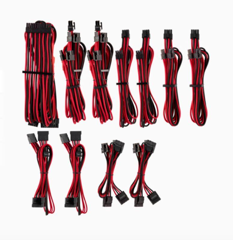CORSAIR Premium Individually Sleeved DC Cable in red and black, showcasing its flexible paracord sleeve and professional cable combs.