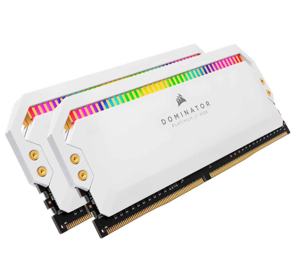 CORSAIR Dominator Platinum RGB 16GB DDR4 memory kit featuring sleek black heatspreaders and vibrant RGB lighting.