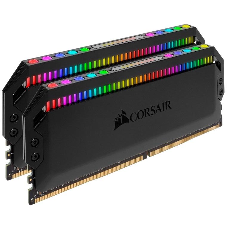 CORSAIR Dominator Platinum RGB 32GB DDR4 memory kit with black heatspreader and RGB lighting.