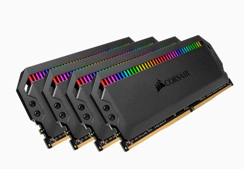 CORSAIR Dominator Platinum RGB 64GB DDR4 memory kit featuring four 16GB modules with customizable RGB lighting and anodized aluminum heat spreaders.