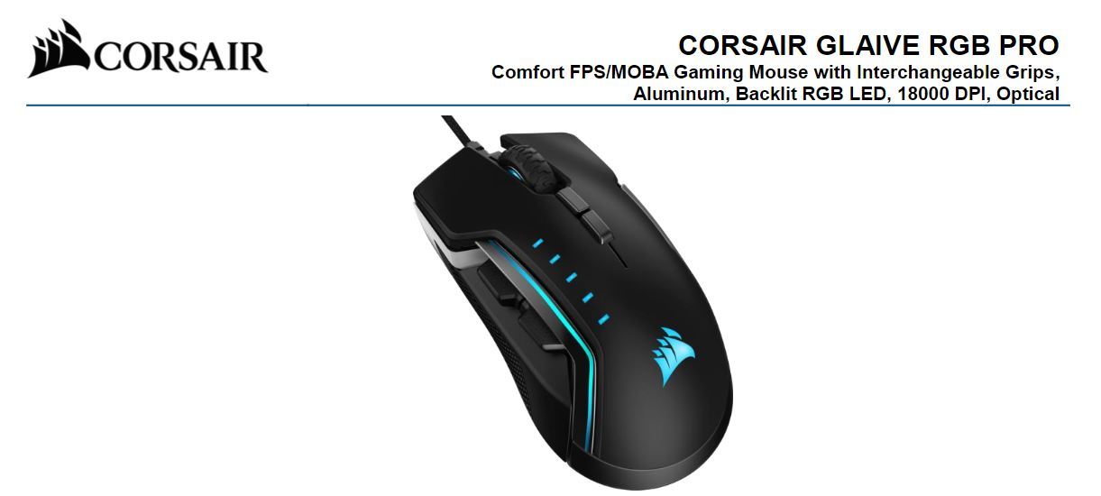 Corsair GLAIVE PRO RGB Gaming Mouse in black with customizable RGB lighting and interchangeable thumb grips.