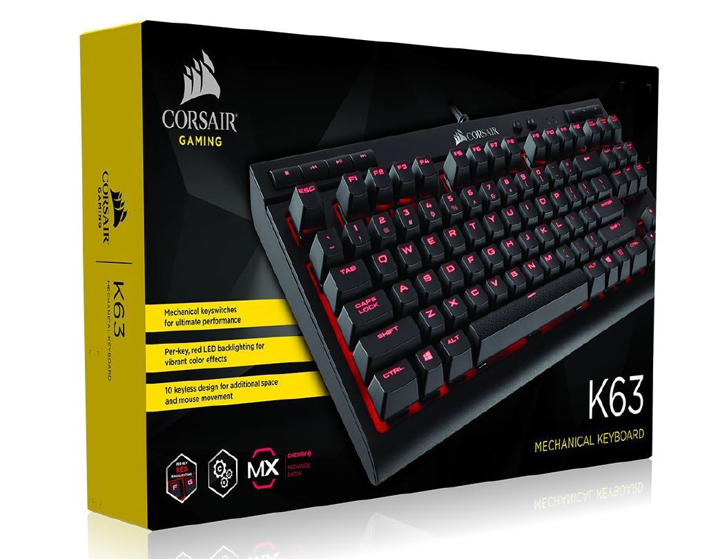 Corsair K63 Compact Mechanical Keyboard with Cherry MX Red switches and red LED backlighting, showcasing its sleek design and key layout.
