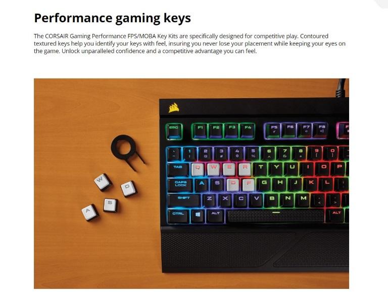CORSAIR Gaming Performance FPS/MOBA Key Kit in White, featuring textured keys for enhanced grip and gameplay.