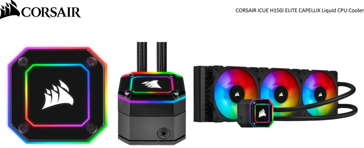 CORSAIR H150i Elite CAPELLIX Liquid CPU Cooler with 360mm radiator and RGB fans, showcasing sleek design and vibrant lighting.