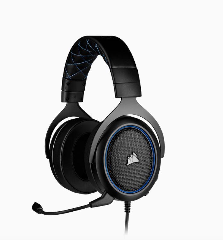 Corsair HS50 PRO Blue Stereo Gaming Headset with plush ear cushions and detachable microphone, showcasing its durable metal construction.