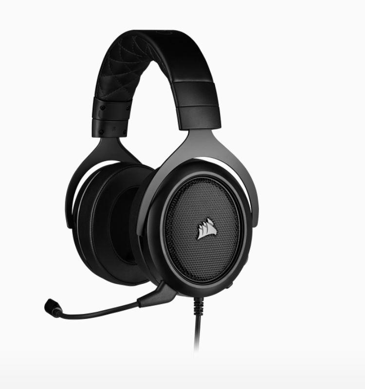 Corsair HS50 PRO Carbon Stereo Gaming Headset with plush foam ear cushions and detachable microphone, showcasing its sleek design and durability.
