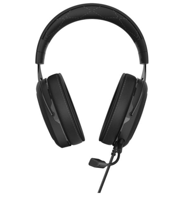 Corsair HS60 PRO Carbon gaming headset with plush memory foam ear cups and detachable microphone, designed for immersive sound and comfort.