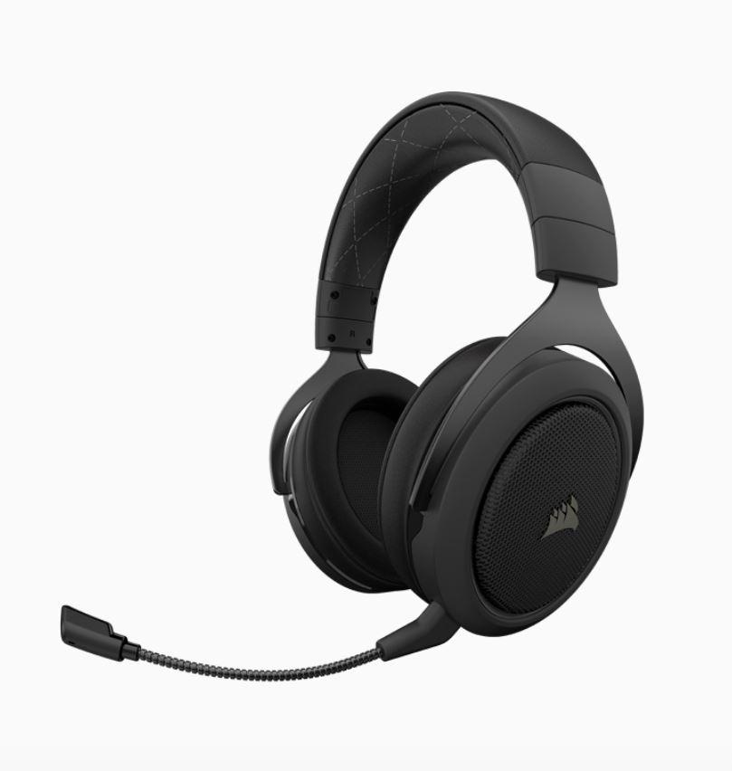 Corsair HS70 Pro Wireless Gaming Headset in Carbon color with plush ear pads and USB wireless receiver.