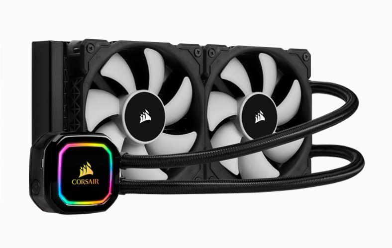 CORSAIR Hydro Series H100i RGB PRO XT Liquid CPU Cooler with 240mm radiator and RGB lighting.