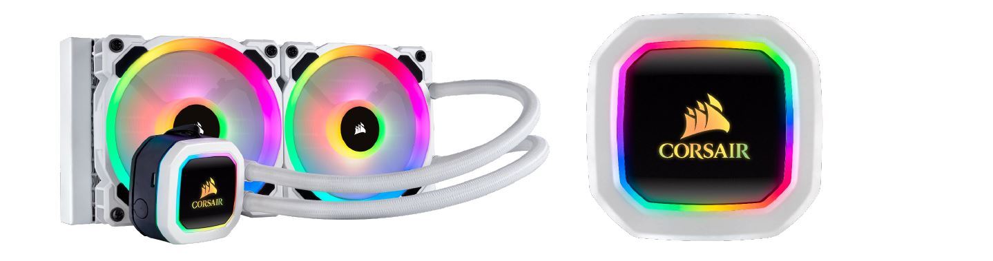 CORSAIR Hydro Series H100i RGB PLATINUM SE liquid CPU cooler with 240mm radiator and RGB lighting.