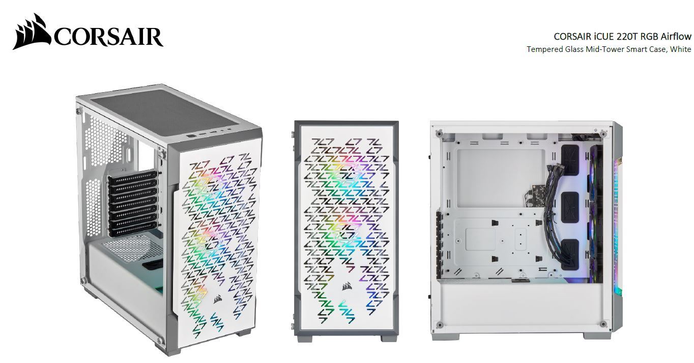 CORSAIR iCUE 220T RGB Airflow Smart ATX case in white with tempered glass side panel and RGB fans.