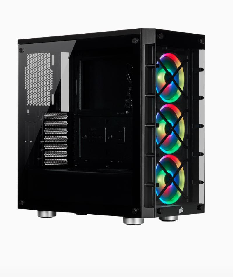 CORSAIR iCUE 465X RGB Mid-Tower Case with LL120 RGB Fans and Tempered Glass Panels showcasing vibrant RGB lighting.