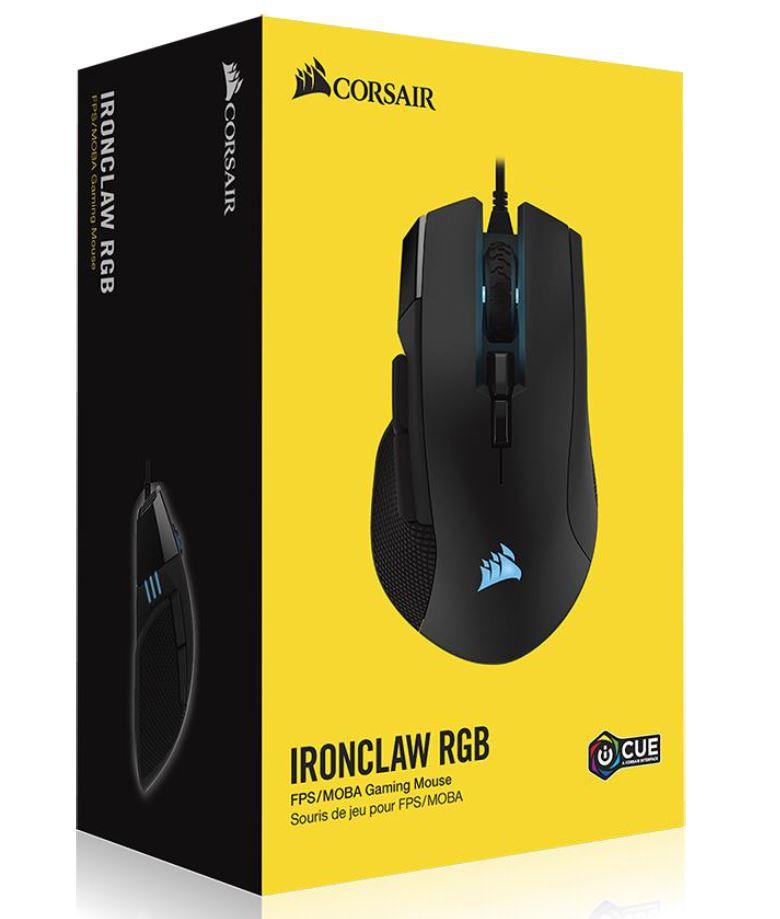 CORSAIR IRONCLAW RGB Gaming Mouse with 18,000 DPI sensor, featuring a sleek black design and customizable RGB lighting.