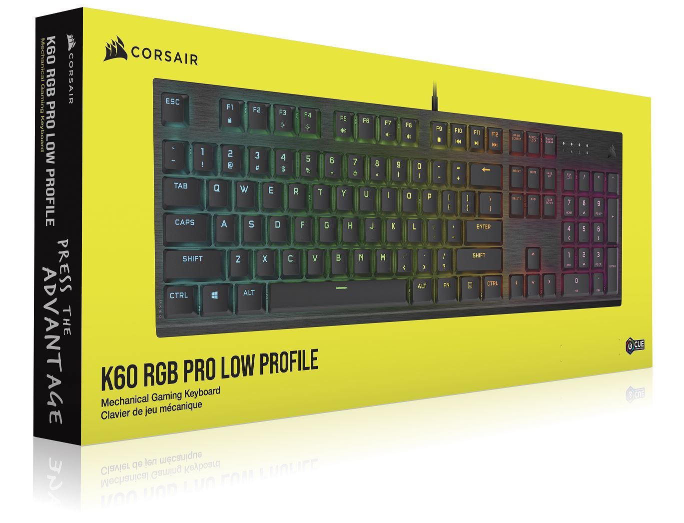 CORSAIR K60 RGB PRO LOW PROFILE Mechanical Gaming Keyboard with vibrant RGB lighting and sleek aluminum frame.