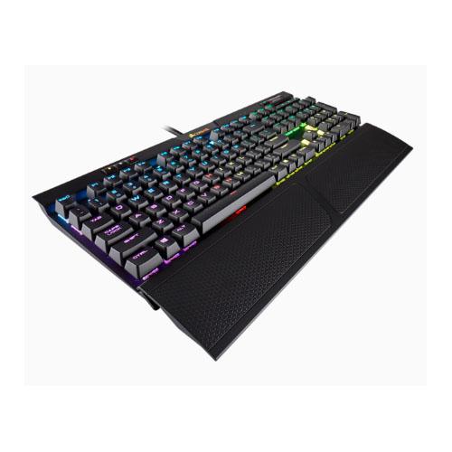 CORSAIR K70 MK.2 RGB Gaming Keyboard with Cherry MX Blue switches and customizable RGB lighting, featuring a durable aluminum frame and detachable wrist rest.