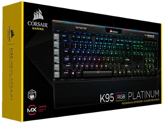 CORSAIR K95 RGB PLATINUM Mechanical Gaming Keyboard with Cherry MX Brown switches and customizable RGB lighting.
