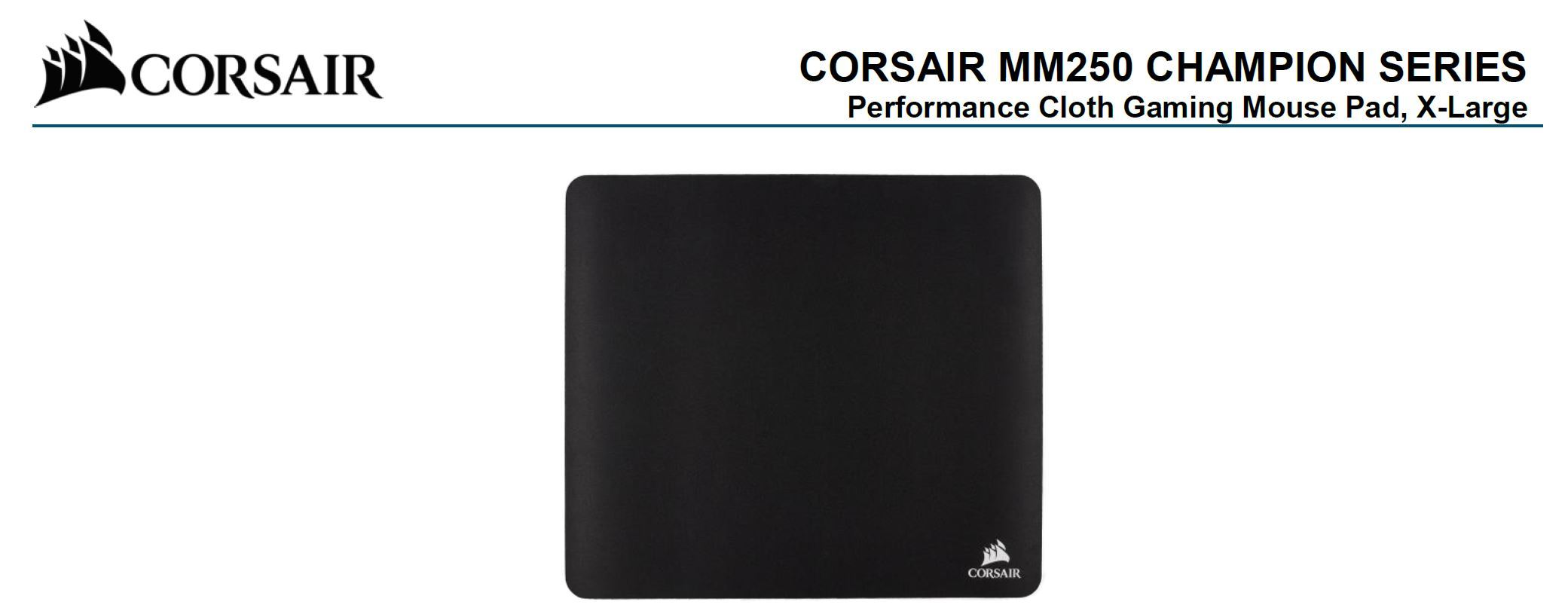 Corsair MM250 Champion Series X-Large Anti-Fray Cloth Gaming Mouse Pad with a clean black surface and textured rubber base.