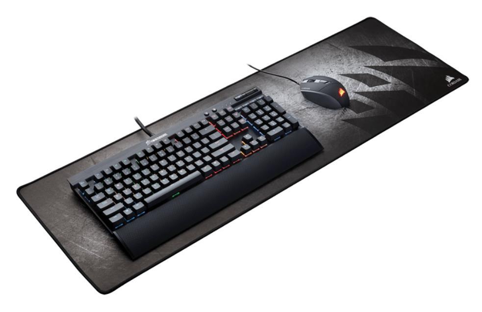 Corsair MM300 Anti-Fray Cloth Gaming Mouse Mat Extended Edition, featuring a large 930mm x 300mm surface with reinforced stitched edges.