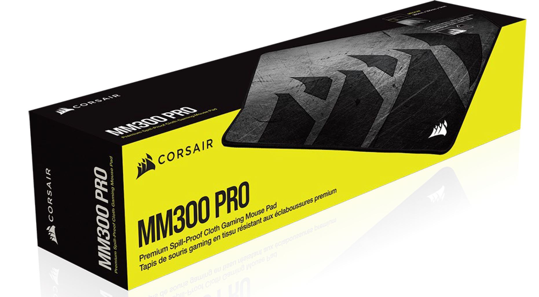 Corsair MM300 PRO Premium Spill-Proof Cloth Gaming Mouse Pad with a textured surface and anti-skid base, designed for high-performance gaming.