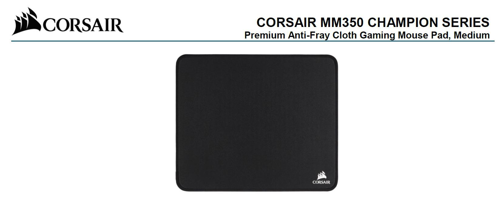 CORSAIR MM350 Champion Series Medium Anti-Fray Cloth Gaming Mouse Pad with a solid black surface and precision-stitched edges.