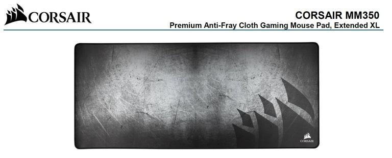 Corsair MM350 Premium Anti-Fray Cloth Gaming Mouse Pad in Extended XL size, showcasing its large surface area and anti-fray edges.