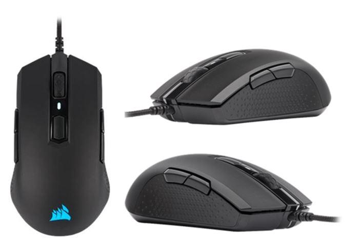 Corsair M55 RGB PRO Ambidextrous Gaming Mouse in black with RGB lighting and braided cable.