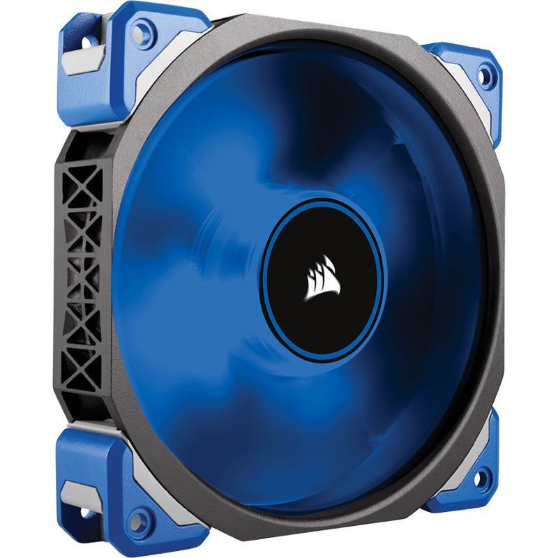 CORSAIR ML120 Pro LED fan in blue, showcasing its sleek design and magnetic levitation technology.