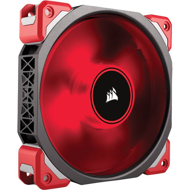 CORSAIR ML120 Pro LED fan in red, showcasing its sleek design and magnetic levitation technology.