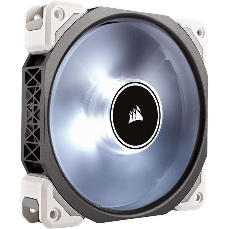 CORSAIR ML120 Pro LED fan in white, showcasing its sleek design and LED lighting features, ideal for high-performance cooling.