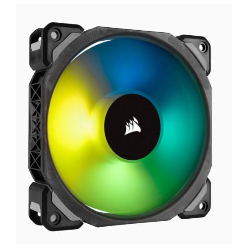 CORSAIR ML120 PRO RGB 120mm PWM fan with vibrant RGB lighting and magnetic levitation technology.
