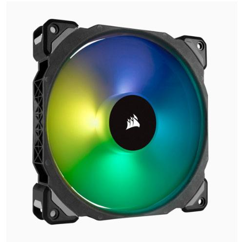 CORSAIR ML140 PRO RGB 140mm fan with vibrant RGB lighting and magnetic levitation technology, showcasing its sleek design and performance features.