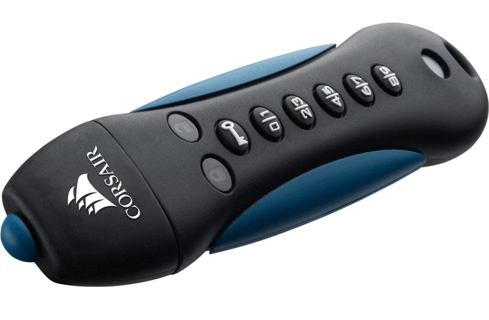 CORSAIR Padlock 3 64GB Secure USB 3.0 Flash Drive with keypad, showcasing its durable rubber housing and integrated PIN pad.
