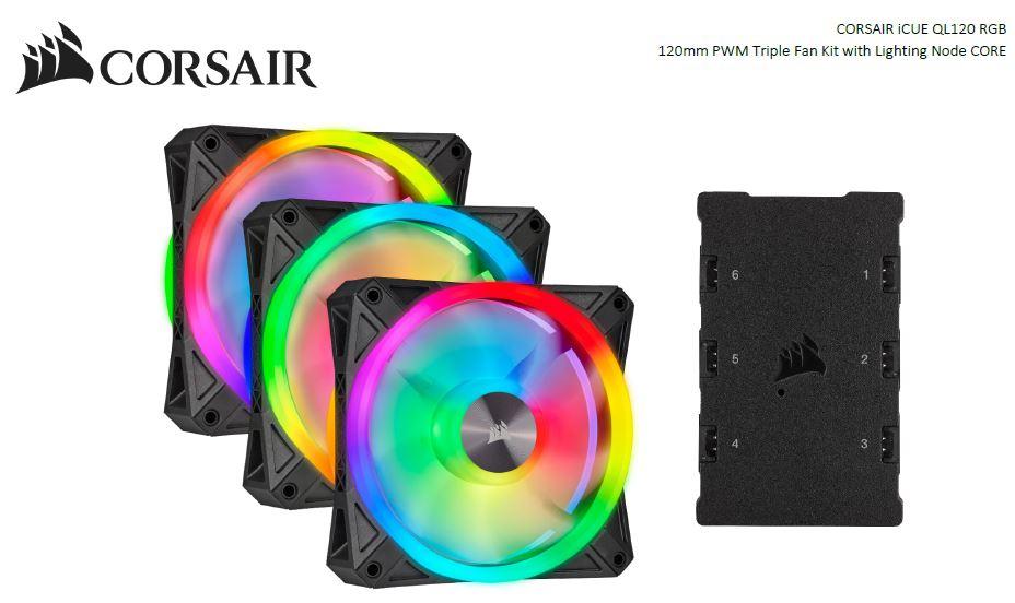 CORSAIR QL120 RGB Triple Fan Kit showcasing three 120mm fans with vibrant RGB lighting and a compact Lighting Node CORE.