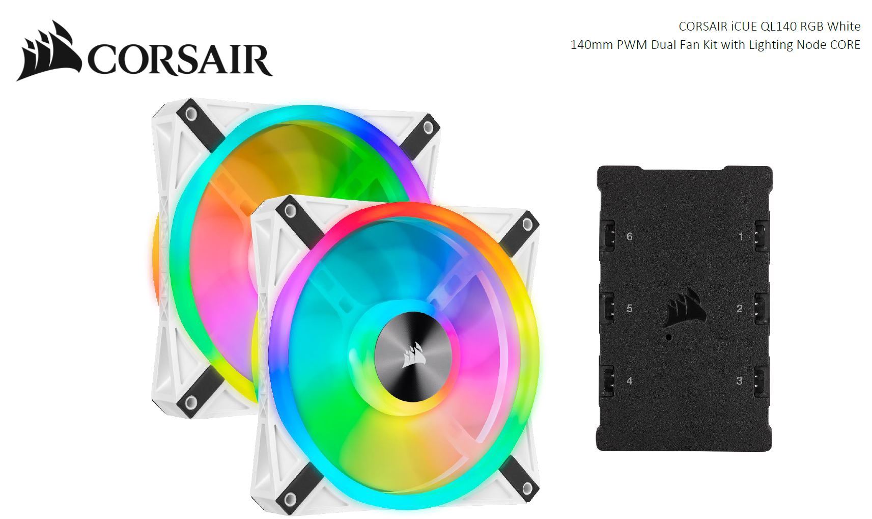 CORSAIR QL140 RGB PWM Dual Fan Kit showcasing vibrant RGB lighting and sleek design with dual fan setup.