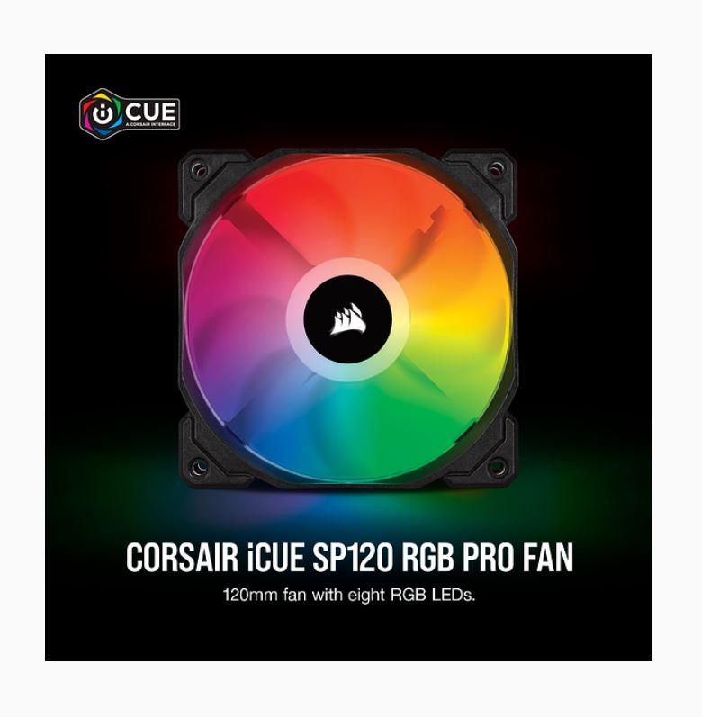CORSAIR SP 120mm Fan RGB PRO with vibrant RGB LEDs and translucent blades, designed for high airflow and cooling performance.