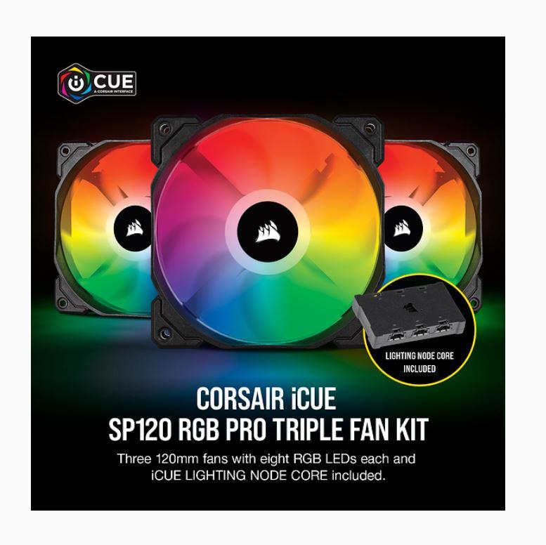 CORSAIR SP 120mm Fan RGB PRO Triple Pack showcasing three RGB fans with vibrant lighting effects and a compact Lighting Node CORE.