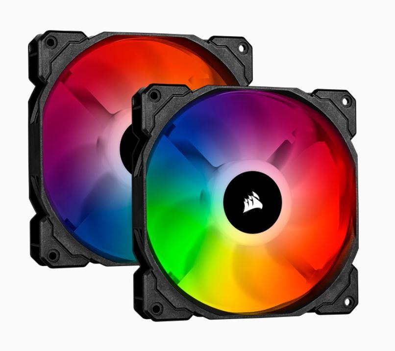 CORSAIR SP 140mm Fan RGB PRO Twin Pack showcasing dual fans with vibrant RGB lighting and translucent blades for high airflow.